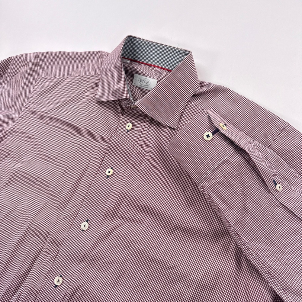 Eton Mens Dress Shirt 15.5 Contemporary Fit Burgundy Gingham Check Button Up